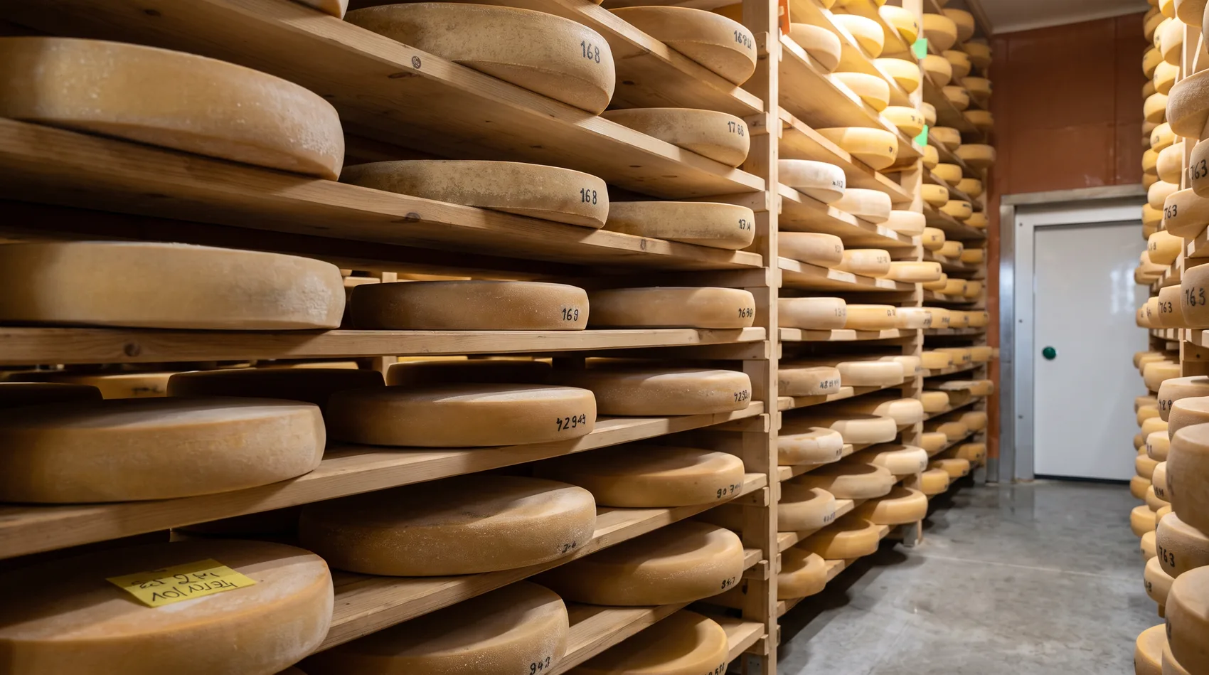 Meules de fromage en cave d’affinage