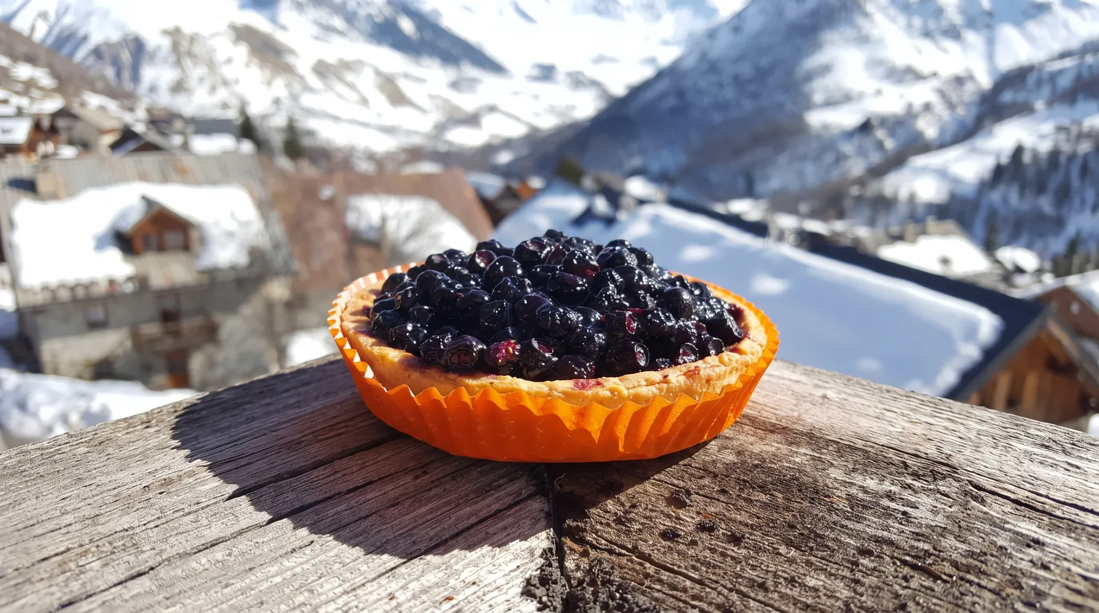 Tarte aux myrtilles sur un balcon face aux montagnes enneigées